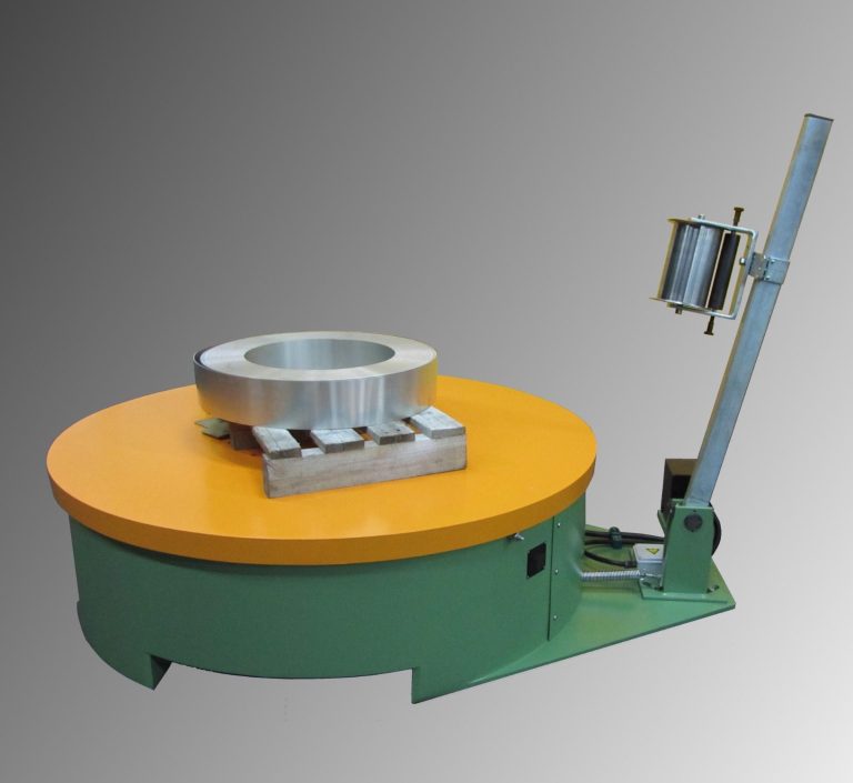 Palettenhaspel Modell NOH-10/1500 Palettenhaspel Tragkraft 1000 Kg Auflagefläche ᴓ 1500 mm mit Frequenzgesteuertem Antrieb über eine Bandführung und Bedienpult.