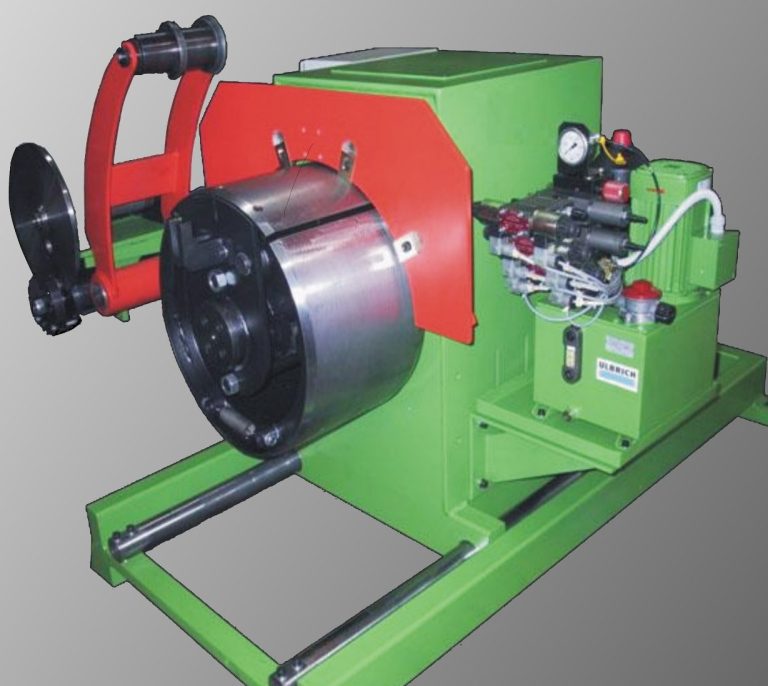 Aufwickelhaspel Modell NO30-500-BP-AP-DH Aufwickelhaspel für 3000 kg Coils. Pneumatischer Bremse, Andruckarm und Coil Abschiebeeinheit zur Entladung.